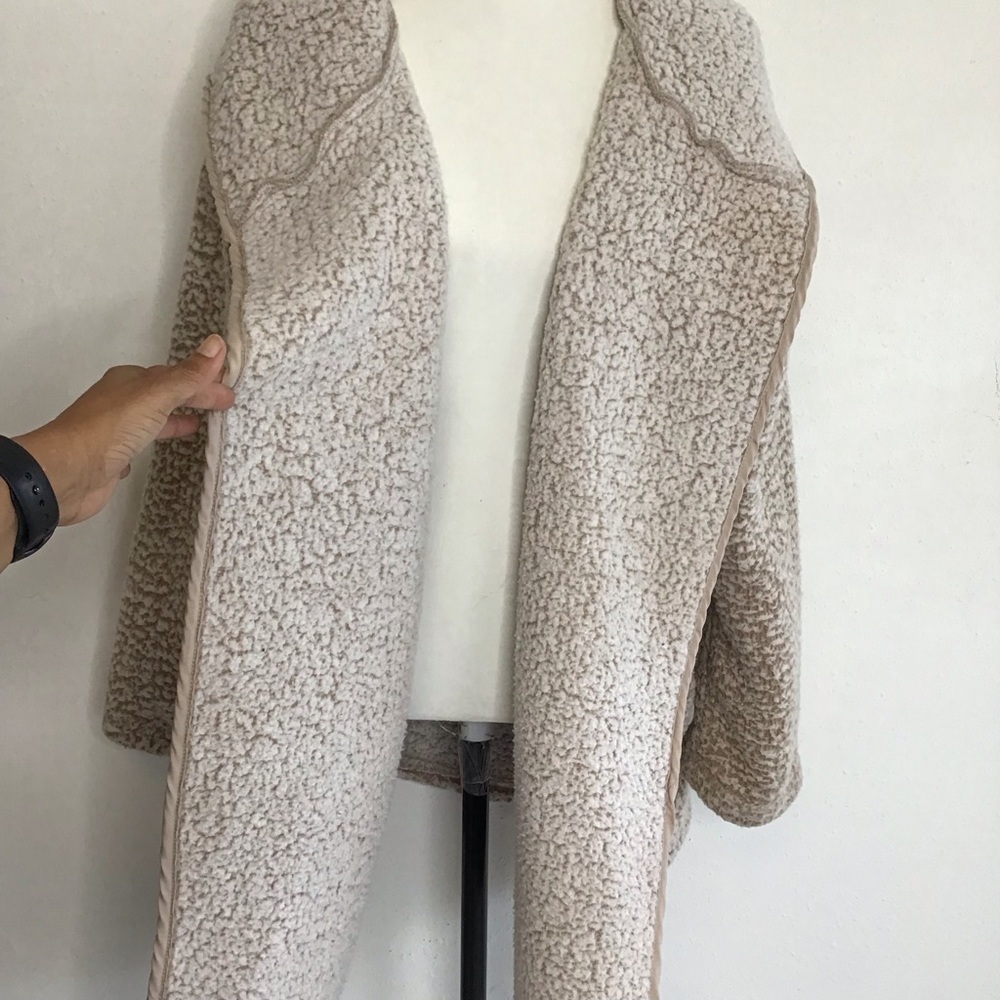 ME JANE WOMEN MIXED TAN CREAN FUZZY COZY HOODED JACKET COAT SZ M - Picture 5 of 9